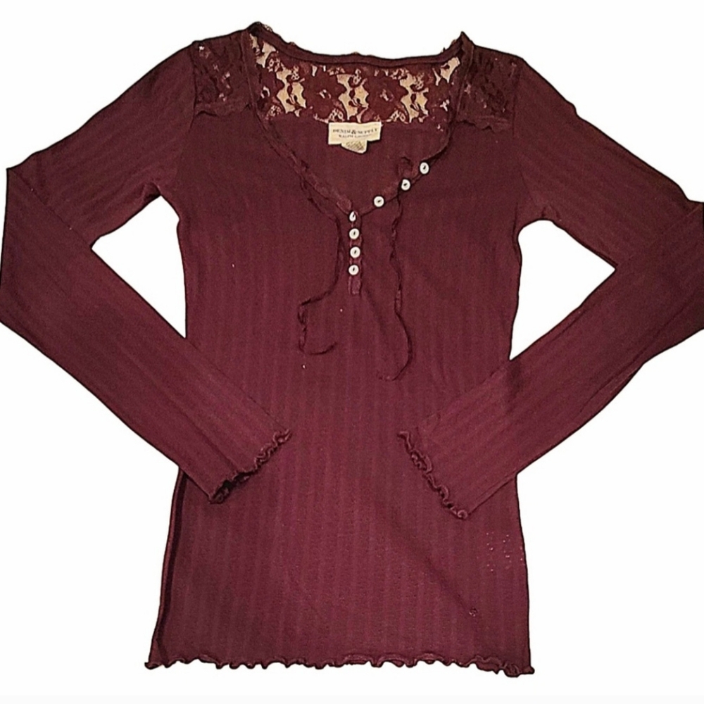 Ralph Lauren Denim & Supply Long Sleeve Maroon Henley Shirt w Lace Detail sz S